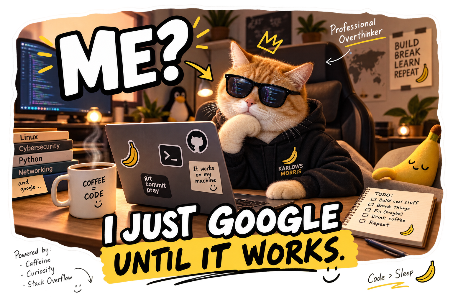 Illustrated portrait of Karlows as a sunglasses-wearing cat at a battle station desk, surrounded by coffee, sticky notes reading 'git commit pray' and 'it works on my machine', a TODO list, and the caption 'I just Google until it works.'